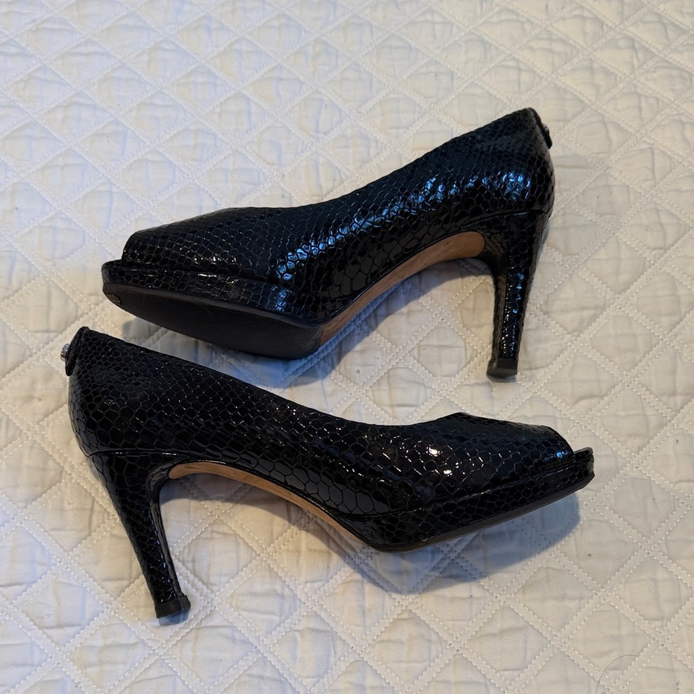 Stuart Weitzman Black Patent Python Peep-Toe Heels - image 5